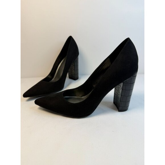 Nine West Paulee Pumps Women Size 8.5M Black Leathe Croc Pointed Toe Block Heel - Picture 1 of 13